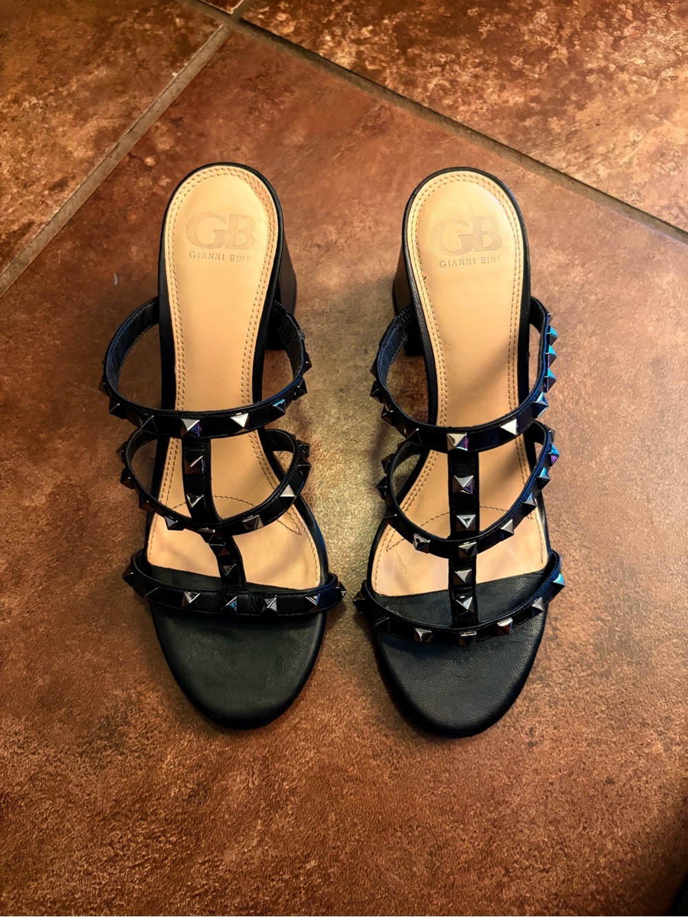 Gianni Bini Black Pyramid-Stud Strappy Heels